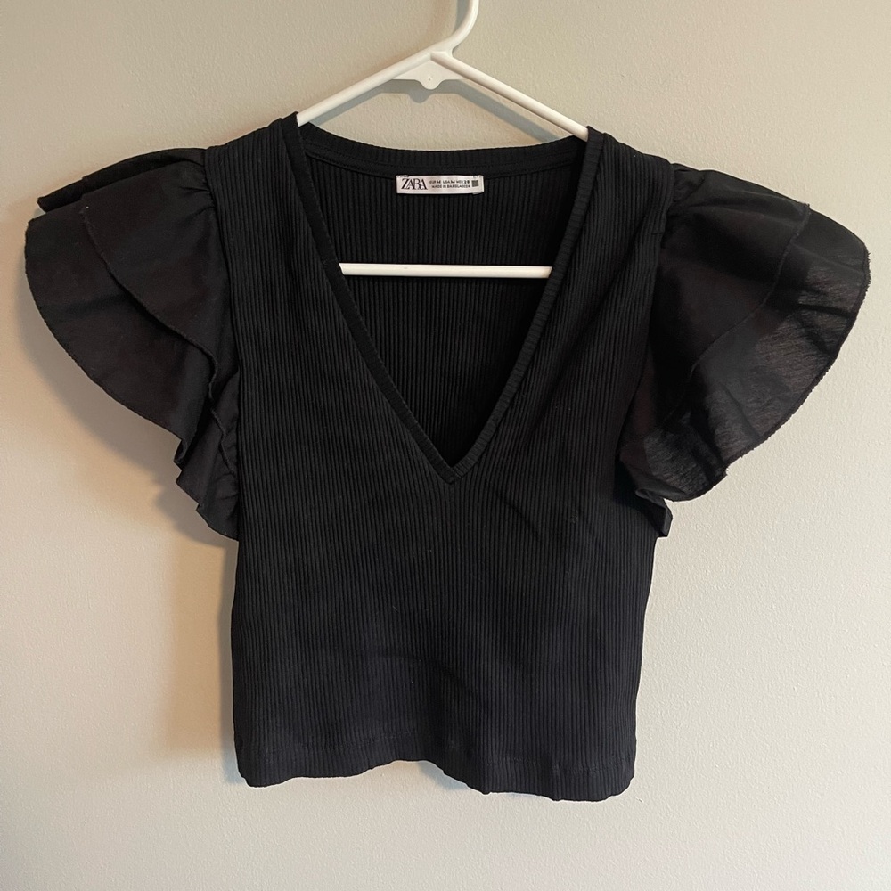Zara Black Short Sleeve Top With Ruffle Sleeve